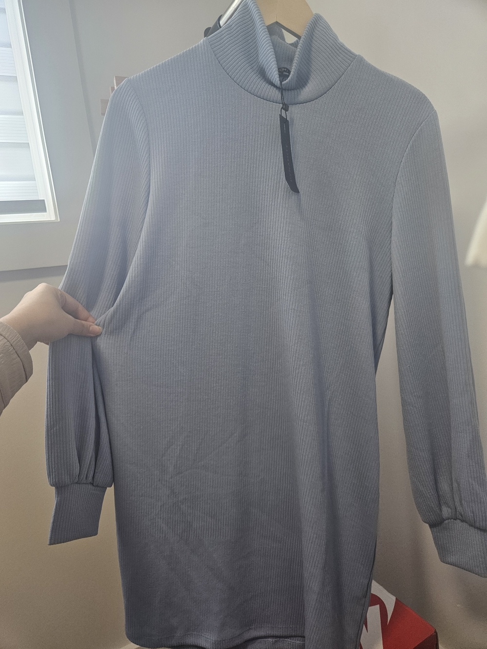 Dynamite Ribbed Mock Neck Tunic Sweater - Light Blue
